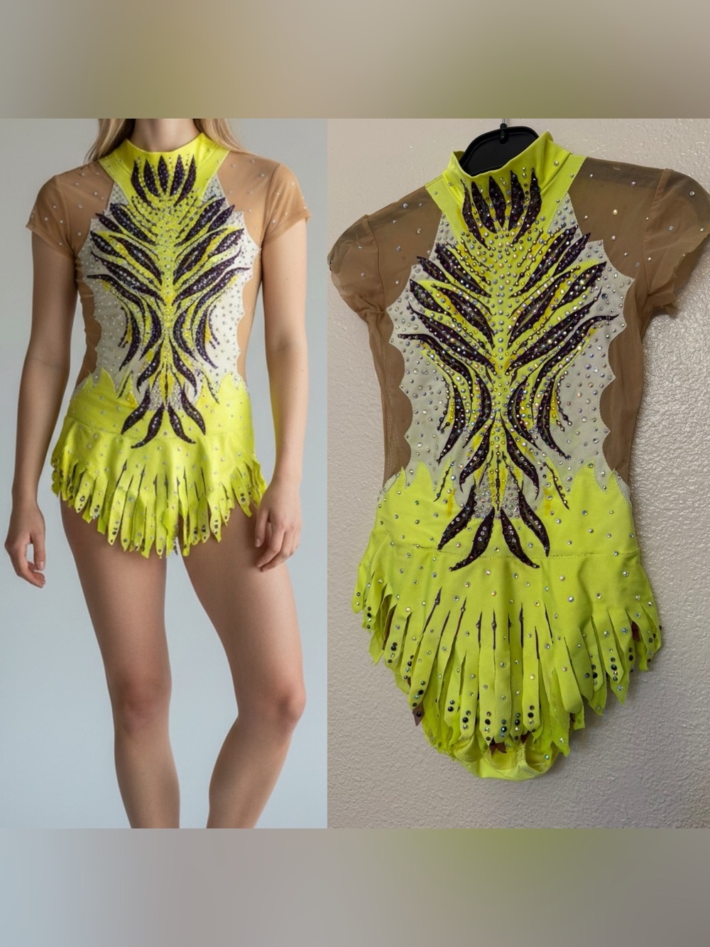 Custom Hand Painted Rhythmic Gymnastic Costume Neon Lime Purple Rhinestone CM CL